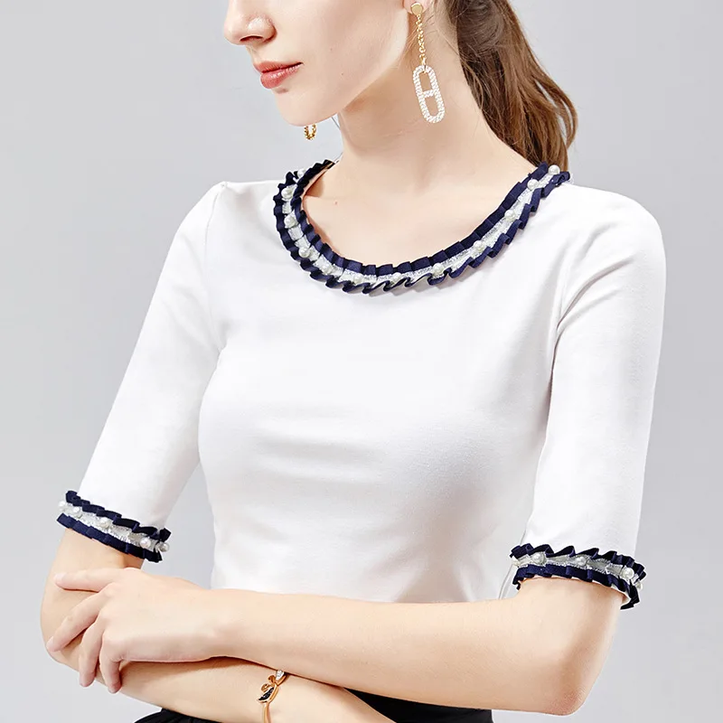 

Mid sleeve T-shirt women's autumn new women's white round neck 5-sleeve elegant celebrity top