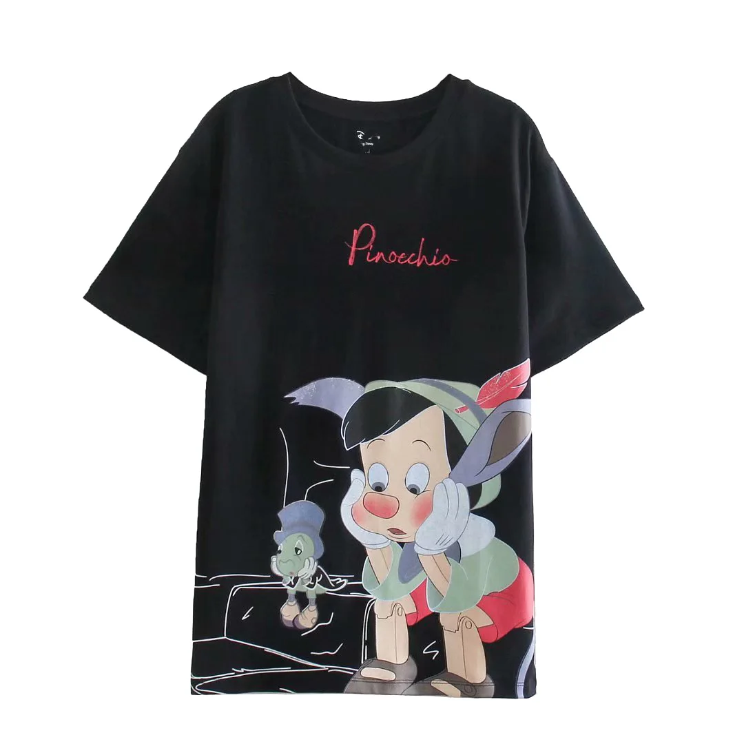 

Disney EuropeanandAmerican fashion women's fashion versatile round collar top cartoon print loose short sleeve T-shirt show thin