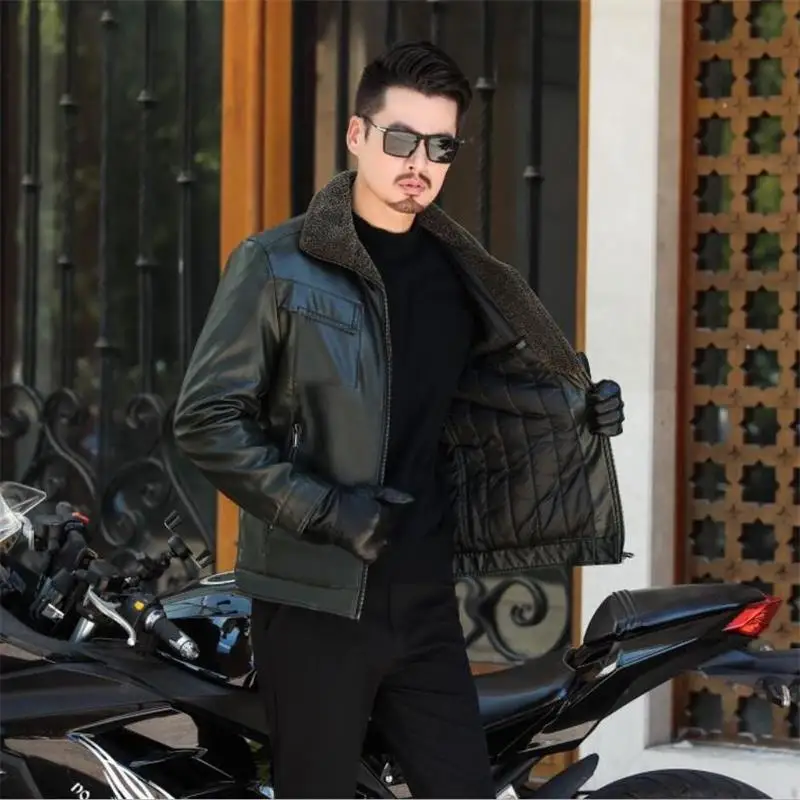 Мужская зимняя куртка из натуральной овчины в клетку с воротником размера плюс