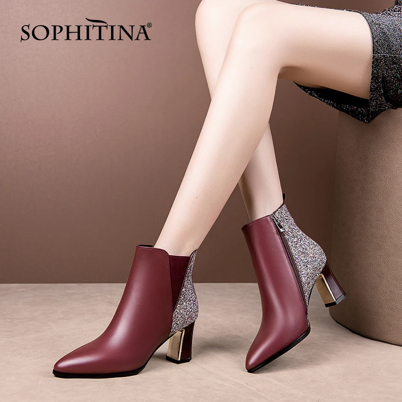 

Женские ботинки со стразами SOPHITINA, Элегантные Кожаные Ботинки на каблуке, без застежки, украшенные блестками, красного вина, для вечерние, ...