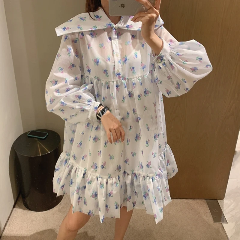 

Сезон весна-лето; Новое короткое милое с модным принтом Питер Пен Воротник с длинным рукавом свободное платье YOU414