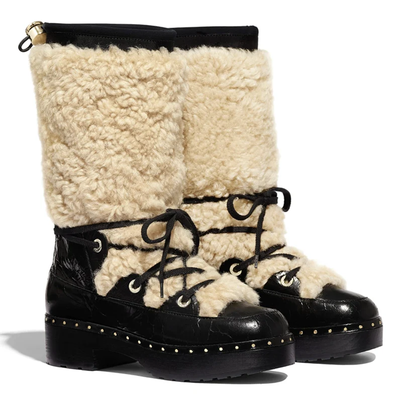 

Новинка, Брендовые женские зимние ботинки, теплая обувь, женские меховые ботинки на шнуровке, с массивной подошвой для снега, модные ботинки...