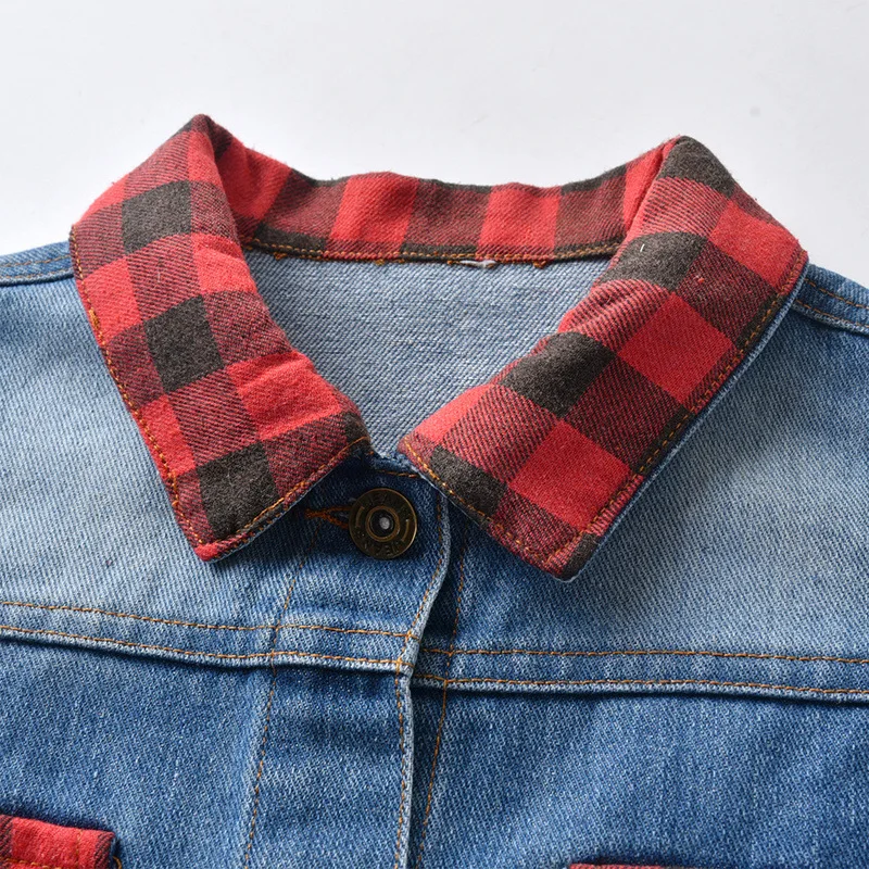

Kids Denim Jacket 2021 New Long sleeve Ripped Hooded Coat for Girls Clothes Boys Outerwear Splicing Plaid Jacket Child Clothing