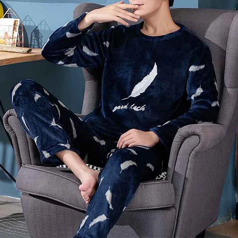 

Flannel Long Sleeve Pajamas Set For Men 2021 Spring Autumn Cute Cartoon Male Sleepwear Casual Home Clothes Suit Homewear