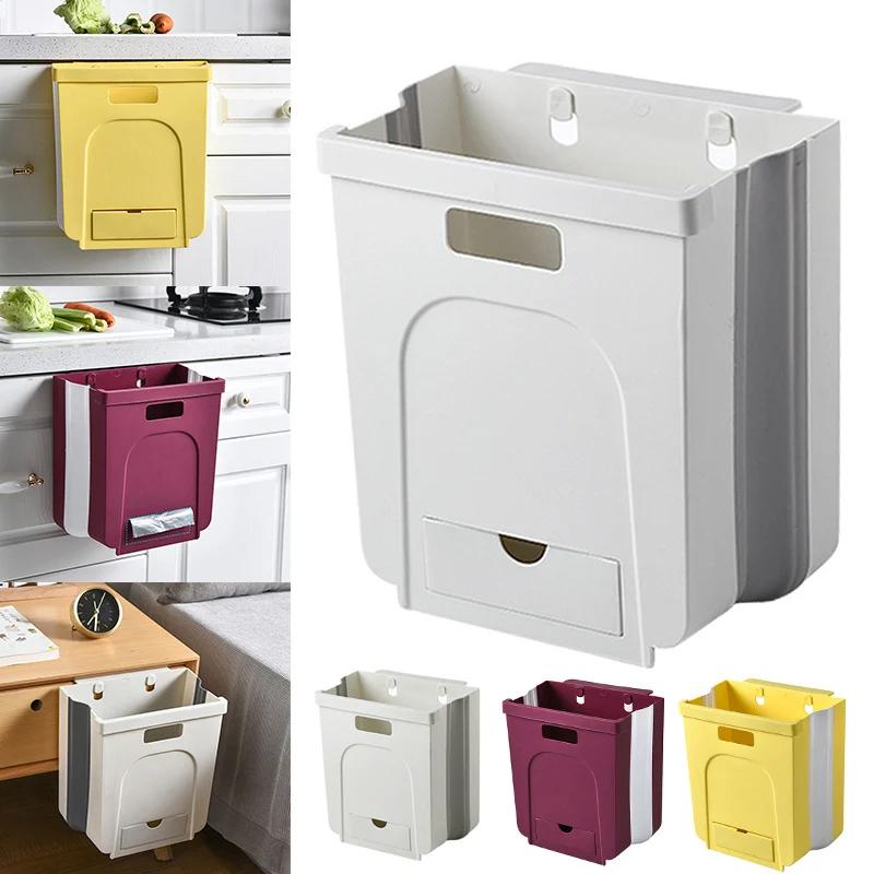 

8L Wall Mounted Folding Waste Bin Kitchen Cabinet Door Hanging Trash Bin Garbage Can Wall Mounted Foldable With Small Drawer