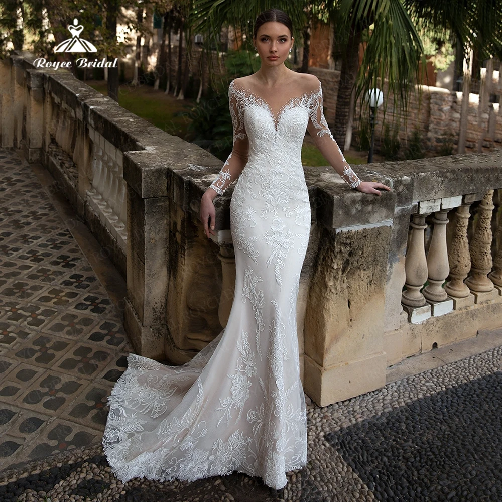 

Champagne Long Sleeves Mermaid Wedding Dresses V-Neck Lace Appliques Elegant Trumpet Bridal Gowns Plus Size Illusion Back