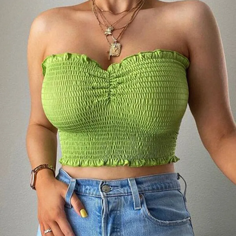 

Summer Solid Color Personality Hot Top Sexy Strapless Open Back Wrapped Chest Vest Green Folds All-match Hot Clothes New Tops