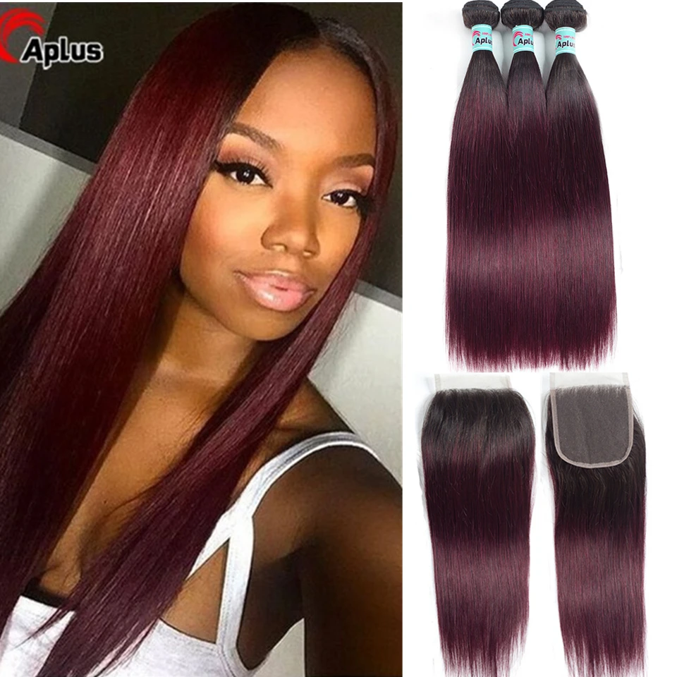 

1b 27/30/99j/Burgundy Bundles With Closure Straight Raw Indian Human Hair Weave Bundles Remy Ombre Blonde Bundles With Closure