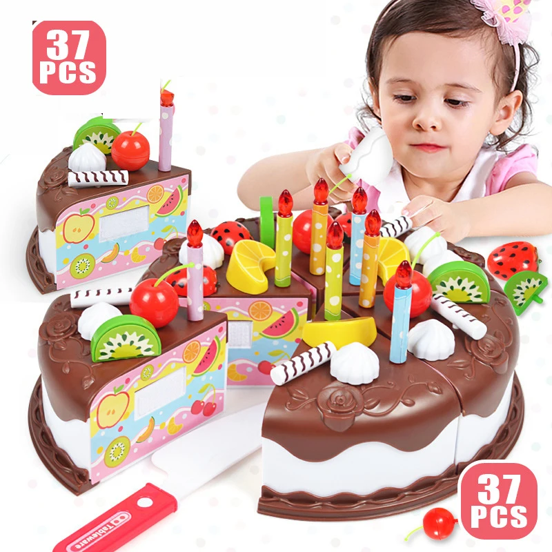 

37Pcs Kid DIY Birthday Cake Kitchen Toy Plastic Chocolate Cutting Fruit Food Pretend Play Toys Set Cute Children Girl Toy Gifts