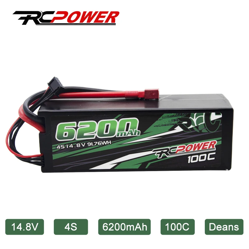 

RCPOWER 6200mAh 14.8V 4S Lipo Battery 100C With T Deans Plug HardCase For RC Car Vehicles Truck Tank Truggy Buggy