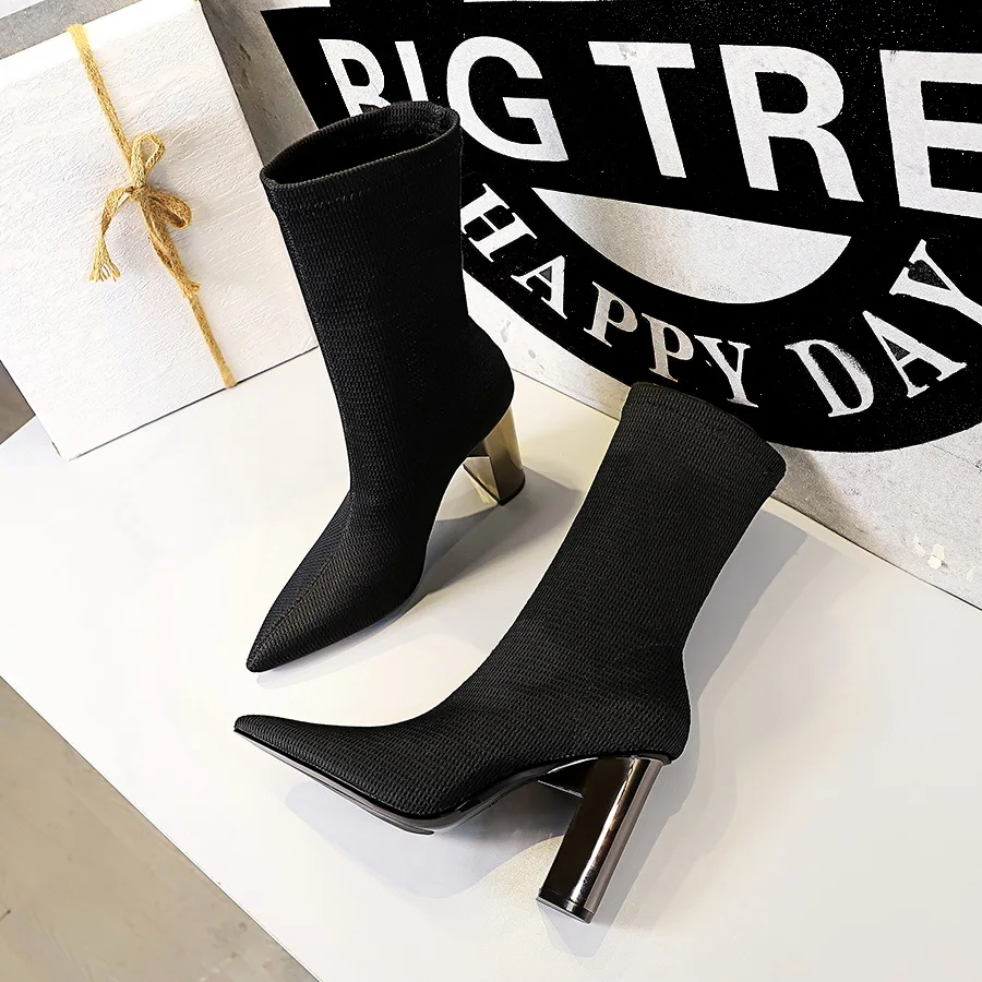 

Bigtree Classic Black Women's Shoes Sexy High Heels Pumps Autumn Winter Fashion knitting Stretch Fabric Sock Boots Size 34-40