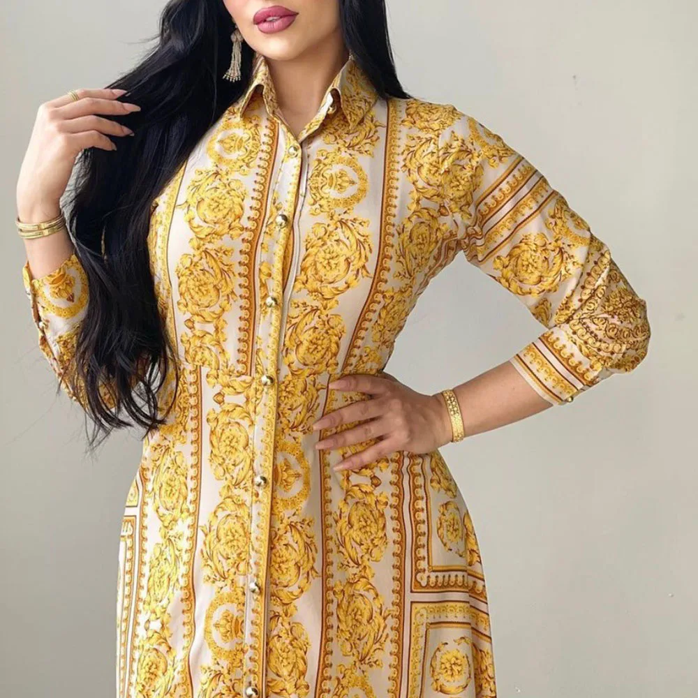 

2021 Autumn Winter New Muslim Women Long Dress Fashion Casual Printing Lapel Long Sleeve Single-breasted High Waist Design