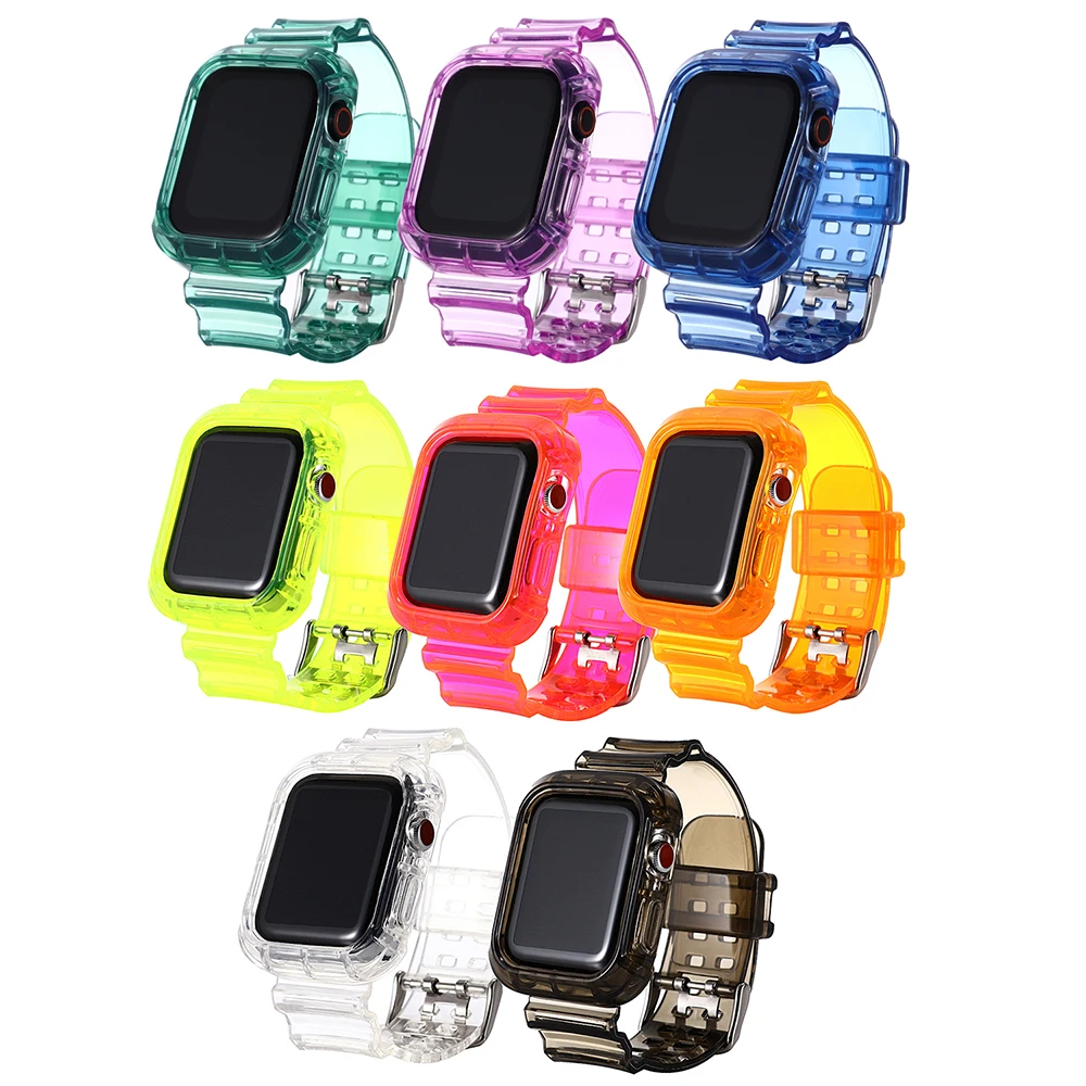 

Newest Clear Band + Case for Apple Watch Series 6 SE 5 4 3 2 1 Transparent for iwatch Strap 38mm 40mm 42mm 44mm Plastic Strap