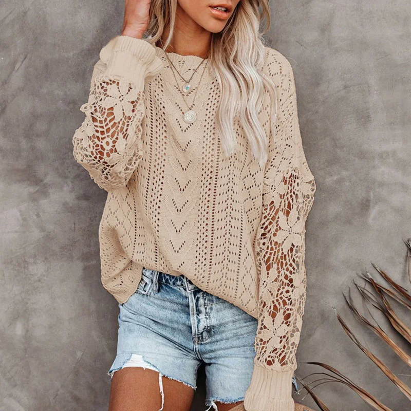 

Autumn Women’s Sweater Spliced Long Sleeves Top Lace Sexy Knitted Pullover Sweater кофта женская Sexy Solid Elegant Knitted Top