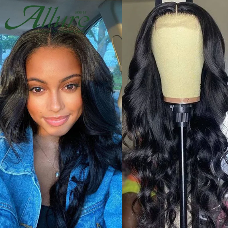 

4*4 Body Wave Lace Closure Wig Pre Plucked 150% Density T part HD Lace Peruvian Remy Hair Long Human Hair for Black Women Allure