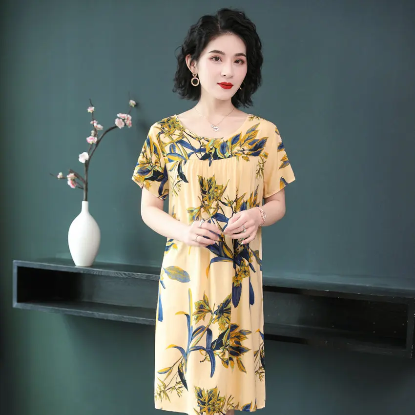 

Chinese Style Summer Floral Loose Cotton Dress Middle Aged Women Short Sleeve Round Collar Knee Length Straight One Piece Robe