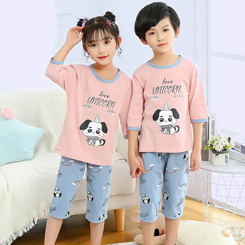 Летняя Детская Пижама пижама с коротким рукавом футболка + штаны 2 шт. мультяшная