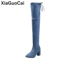 woman shoes autumn winter women boots over the knee sexy slim female long boots high heels denim footwear pointed toe pumps