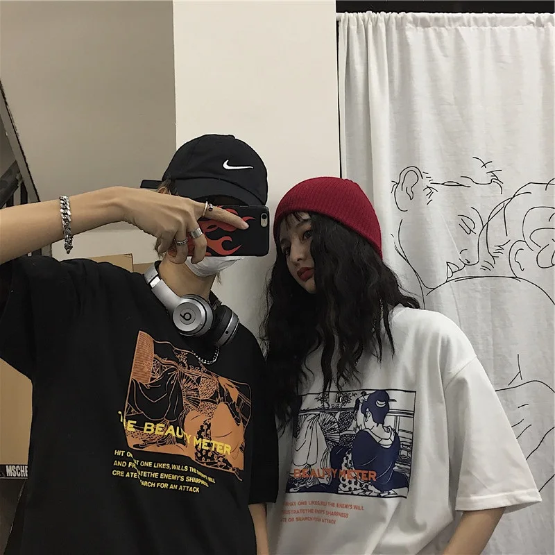 Harajuku Ulzzang, большие размеры, футболка, японский мультфильм, аниме, принт, футболки, лето, женская футболка с коротким рукавом, повседневные кавайные Топы