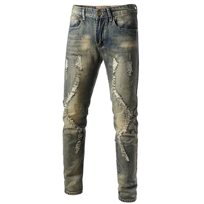 

New Arrivals Men's Fashion Motorcycle Jeans Slim Fit Straight Denim Pants Ripped Skinny Trousers