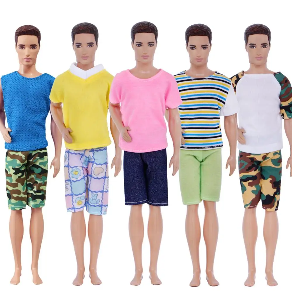 5 Pcs Men Outfits Mixed Style Stripe Camouflage T-Shirt Vest Plaid Shorts Pants Clothes for Barbie Doll Ken Accessories | Игрушки и