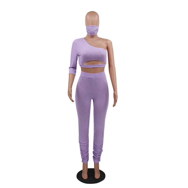 

Cutubly One Shoulder Casual Two Piece Sets 2020 Summer Solid Two Piece Set Club Outfit Women Hollow Out Top and Long Pants Set