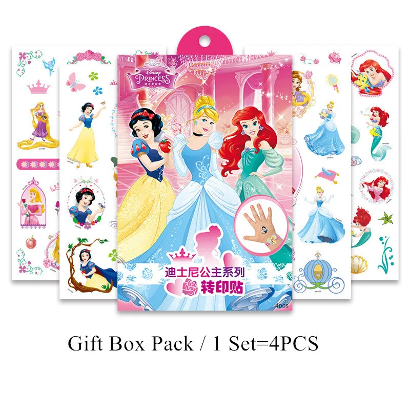 Disney-pegatinas de tatuaje temporal para ni&ntilde;os, juguete de arte corporal de princesa a prueba de agua, pegatinas con caja de regalo-0