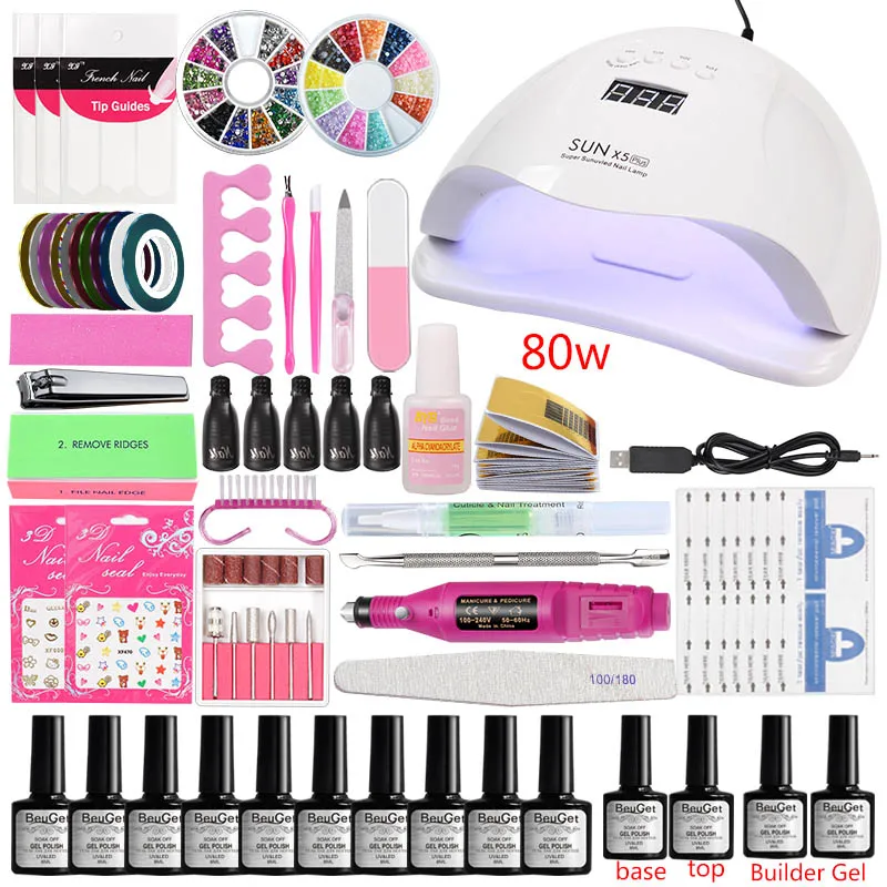 Набор для нейл арта Гель лак замачиваемый УФ 10 цветов ногтей и 80 Вт/45 Вт лампа