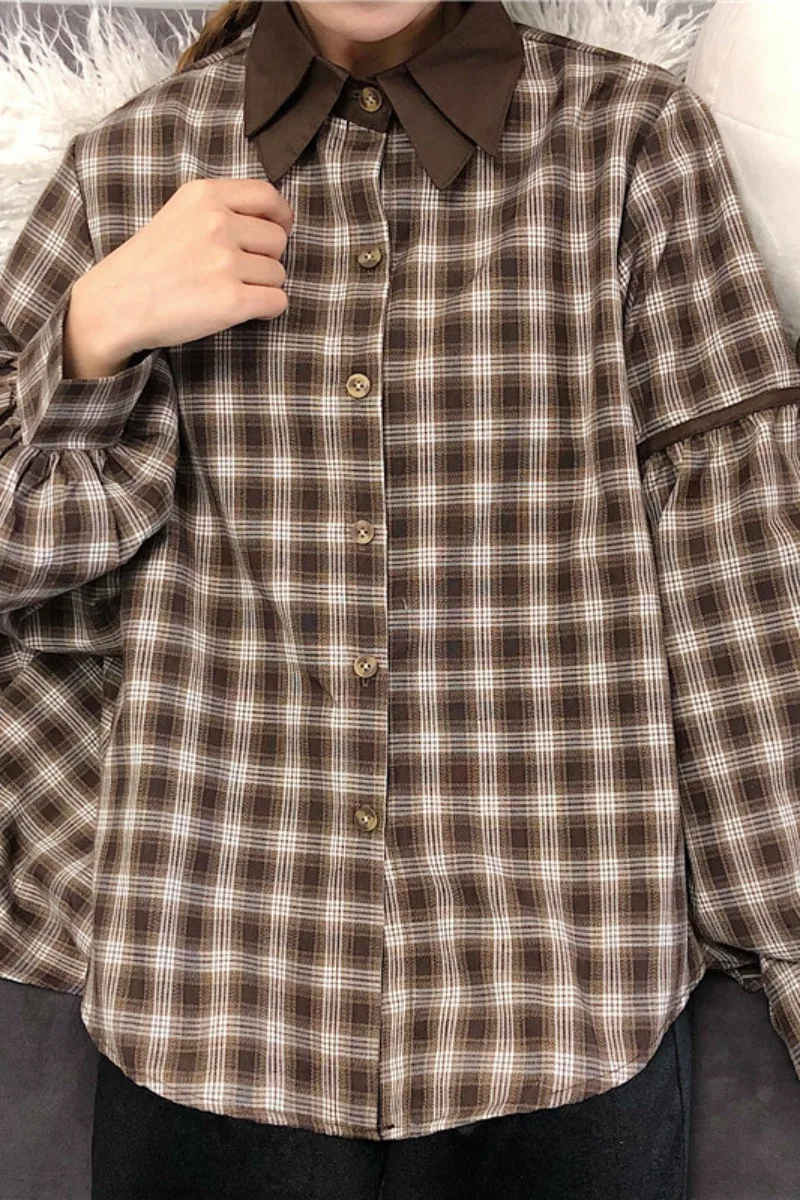 

Spring Women Retro Plaid Blouse Irregular Lantern Sleeve Teen Girls Student Loose Double layer Collar Bowknot Tied Shirt Tops