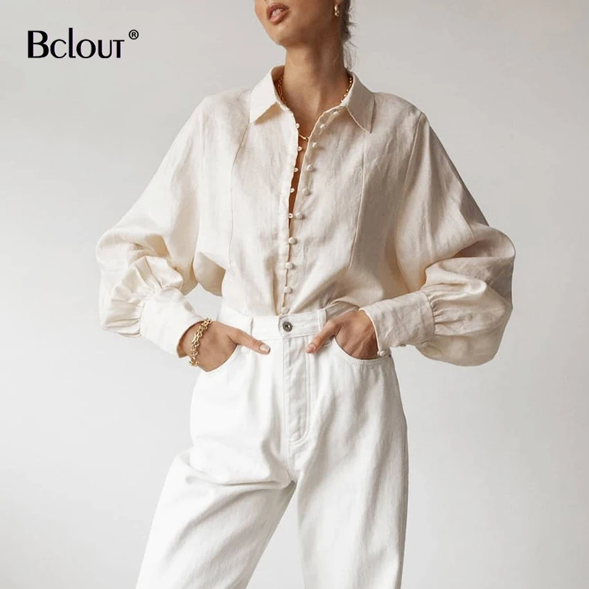 

Bclout Casual Lantern Sleeve Linen Shirts For Women Elegant Turn Down Collar Single Breasted Blouse Summer Long Sleeve Top 2021