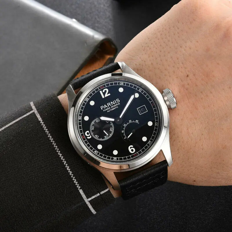 Часы мужские механические 46 мм PARNIS с серым/черным циферблатом и кожаным ремешком