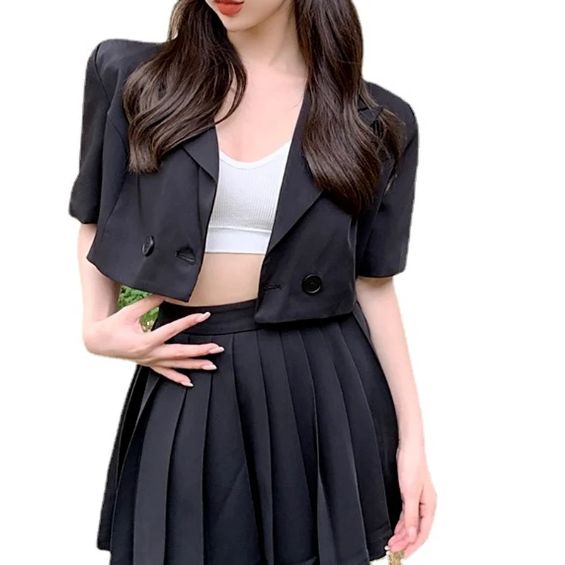 Fashion Short-sleeved Suit Jacket Women's Short Small Suit 2023 Summer Loose Tie High Waist Top Sexy Skirt Office Clothes Women