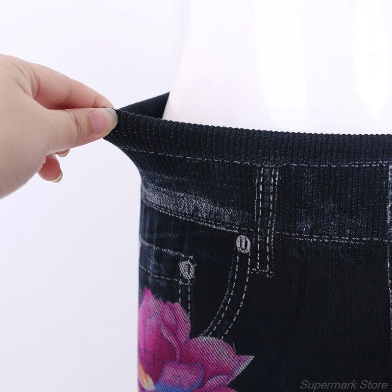 

Fashion Slim Women Leggings Floral Print Pencil Faux Denim Jeans Leggings Casual Women Clothing Plus Size Pencil Pants M10 21