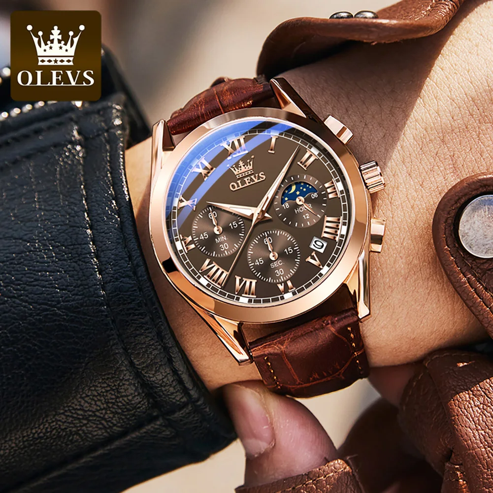

OLEVS Top Brand Men's Quartz Watch Business Dress Waterproof Wristwatch Men Luxury Breathable Leather Sports Watch Brown 2871