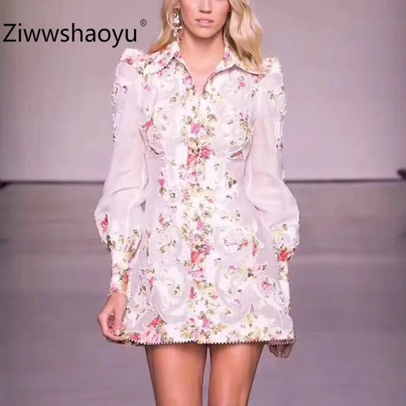 Ziwwshaoyu женские осенне-зимние Подиумные рубашки платье элегантный фонарь рукав цветочный принт вышивка Вечерние мини платья
