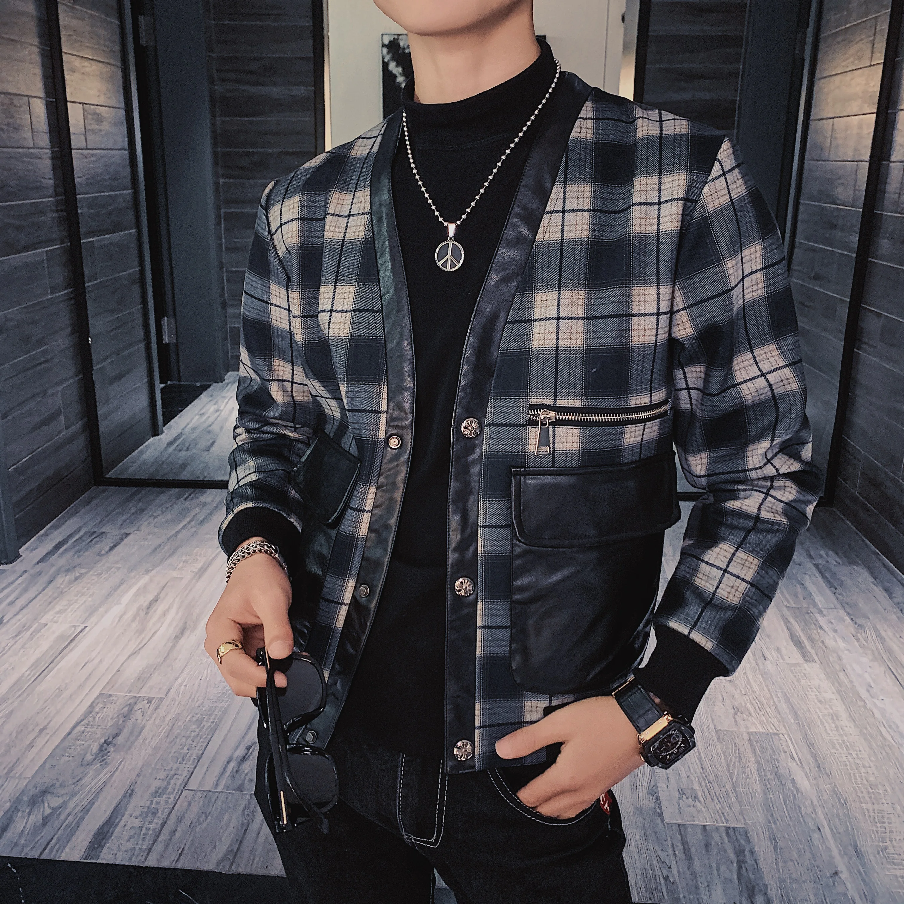 

Spring Jacket 2021 Slim Korean Short Jacket for Men Fashion Plaid Splicing Leather Jacket Men 0227-3