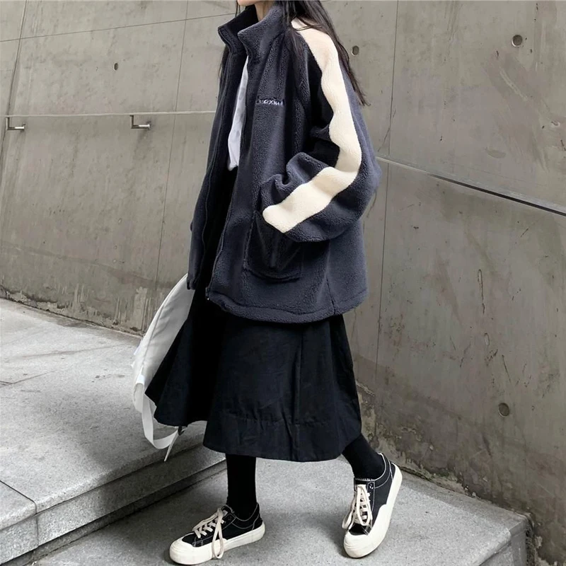 

Womens Patchwork Stand Collar Sweatshirt Coat Fall Winter Oversize Thick Jackets Letter Embroidery Students Streetwear