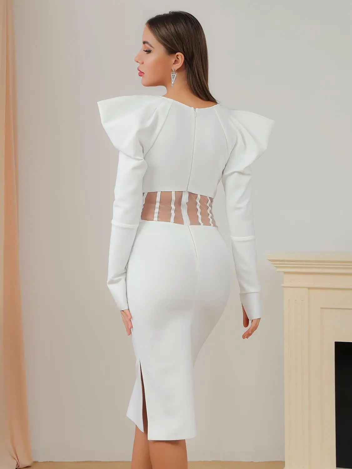 

2020 New Arrival Women white v neck long sleeve Vestidos Celebrity evening party bandage dress wholesale