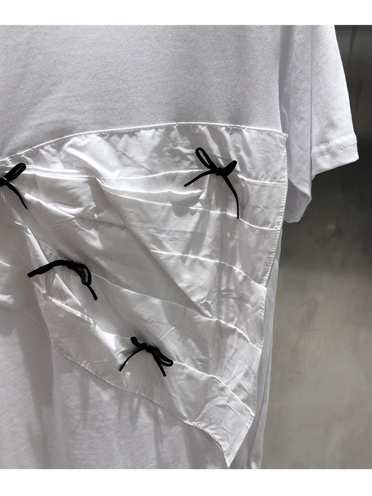 

neck round Free shipping pleated contrast color bow summer women's fashion t-shirt2021New ladies summer personality wild T-shirt