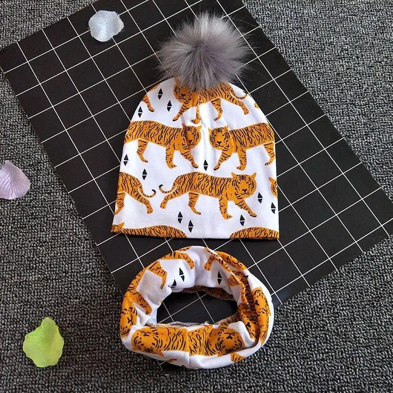 

Baby Hat Scarf Set Print Cotton Children Cap Collar Kids Boys Girls Beanies Infant Toddler Hats Scarves Winter Hats for 1-3T