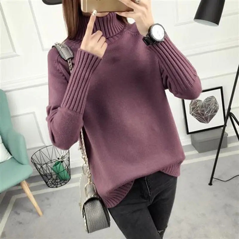 

Knit Warm Women Sweater Solid Color Turtleneck Sweater Loose Long Sleeve Pullover Sweater Autumn and Winter Thickening