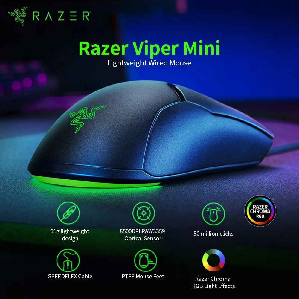 

Razer Viper Mini 61g Lightweight Wired Mouse 8500DPI PAW3359 Optical Sensor Chroma RGB Gaming Mouse Mice SPEEDFLEX Cable