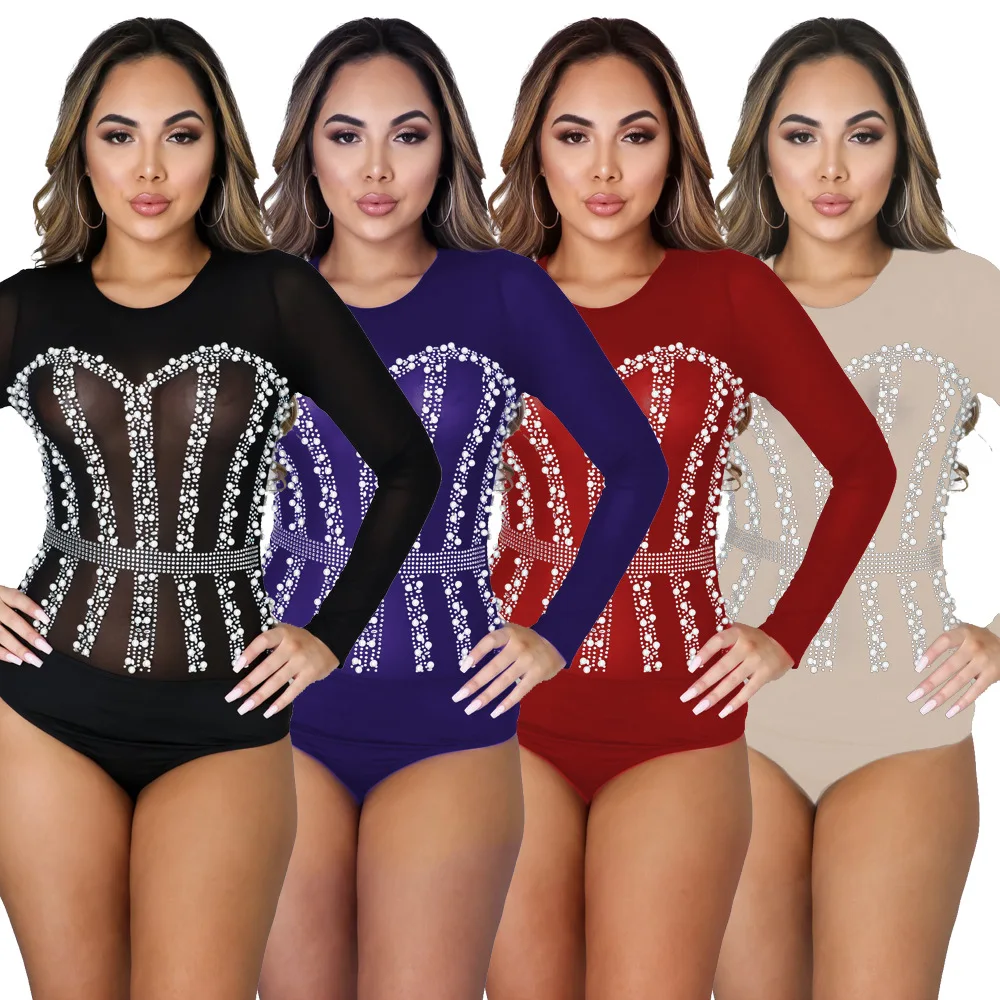 

Adogirl Sexy Long Sleeve Mesh Bodysuit Elegant Night Party Transparent Body Bodycon See Through Beading Jumpsuit Female Overall