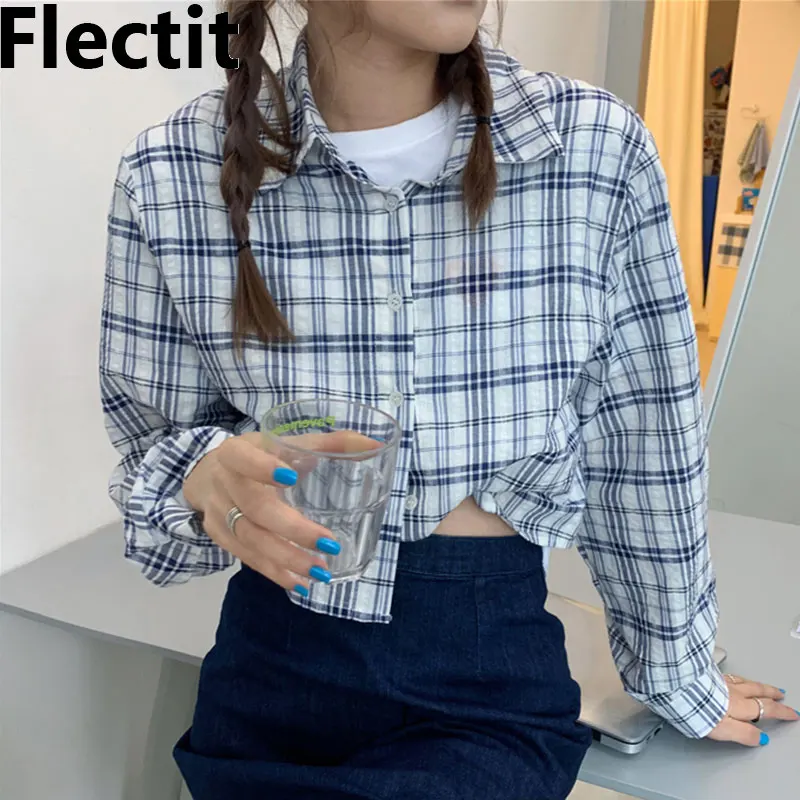 

Flectit Cropped Shirt Checked Long Sleeve Collared Casual Plaid Shirts For Women Y2K e-Girl