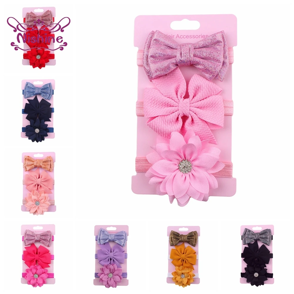 

3pcs/lot Boutique Baby Girl Rhinestone Flower Headband Infant Bowknot Elastic Hairband Dovetail Bows Headwear Kids Birthday Gift