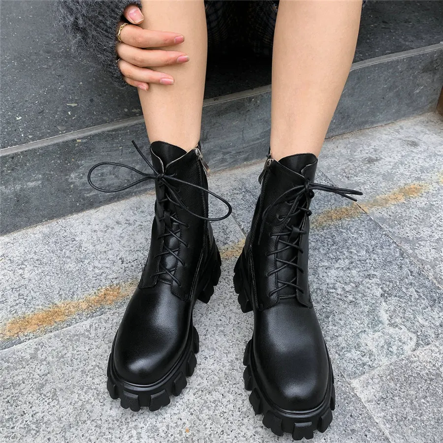 

Lace Up Trainers Women Genuine Leather Fashion Sneakers Round Toe Platform Pumps Shoes Female High Top Ankle Boots Casual Shoes