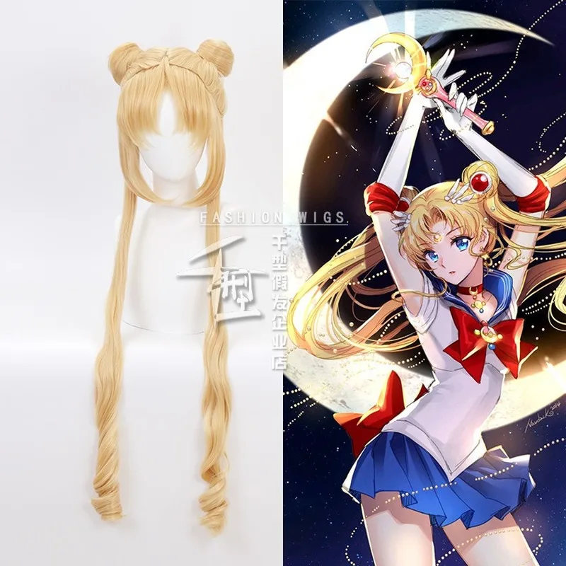 

Sailor Tsukino Usagi Cosplay Long Curly Blonde Double Ponytail Heat Resistant Synthetic Hair Halloween Party + Free Wig Cap