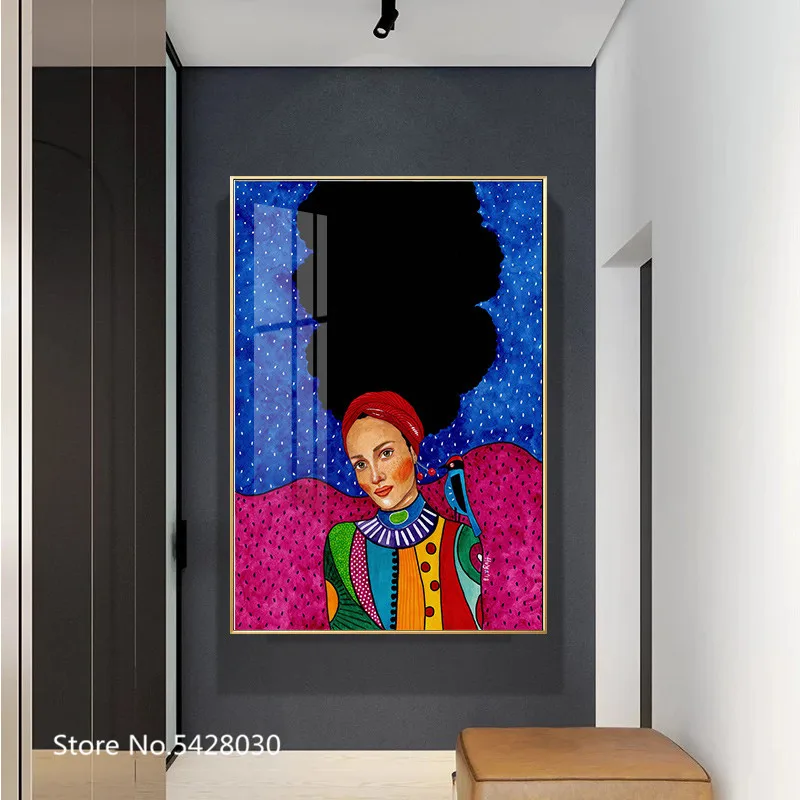 Абстрактная девушка волосы цветок птица настенная Картина на холсте