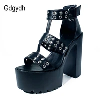 gdgydh sexy rivets high heels platform black women sandals back zipper punk gothic summer shoes goth party catwalk thick heel