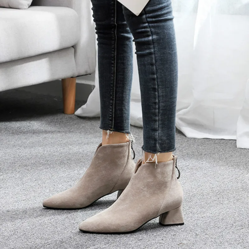 

Women Classics Ankle Boots Kid Suede Soft Shoes Anti-Skid Women Boots High Heels Zipper Causal Ladies Footwear R4-46